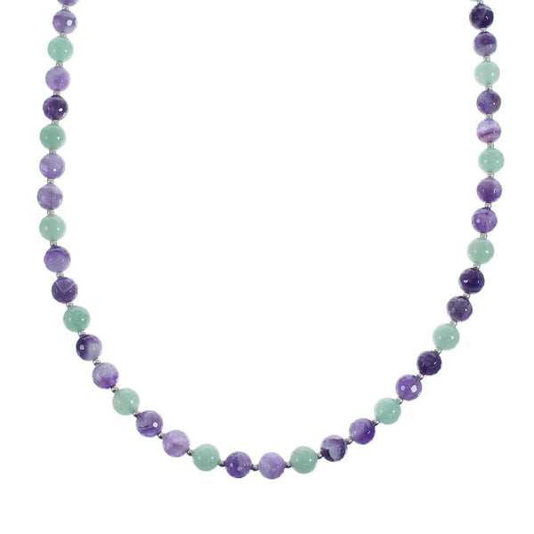 Native American Green Agate and Amethyst Sterling Silver Bead Necklace JX126872